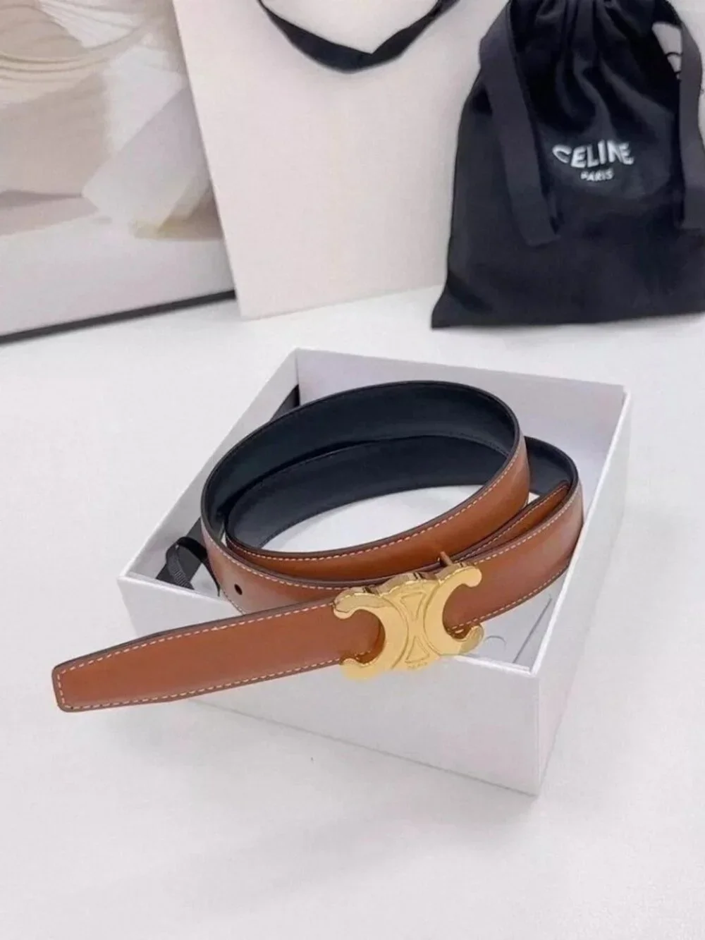 Celine Triomphe Buckle Reversible Leather Belt